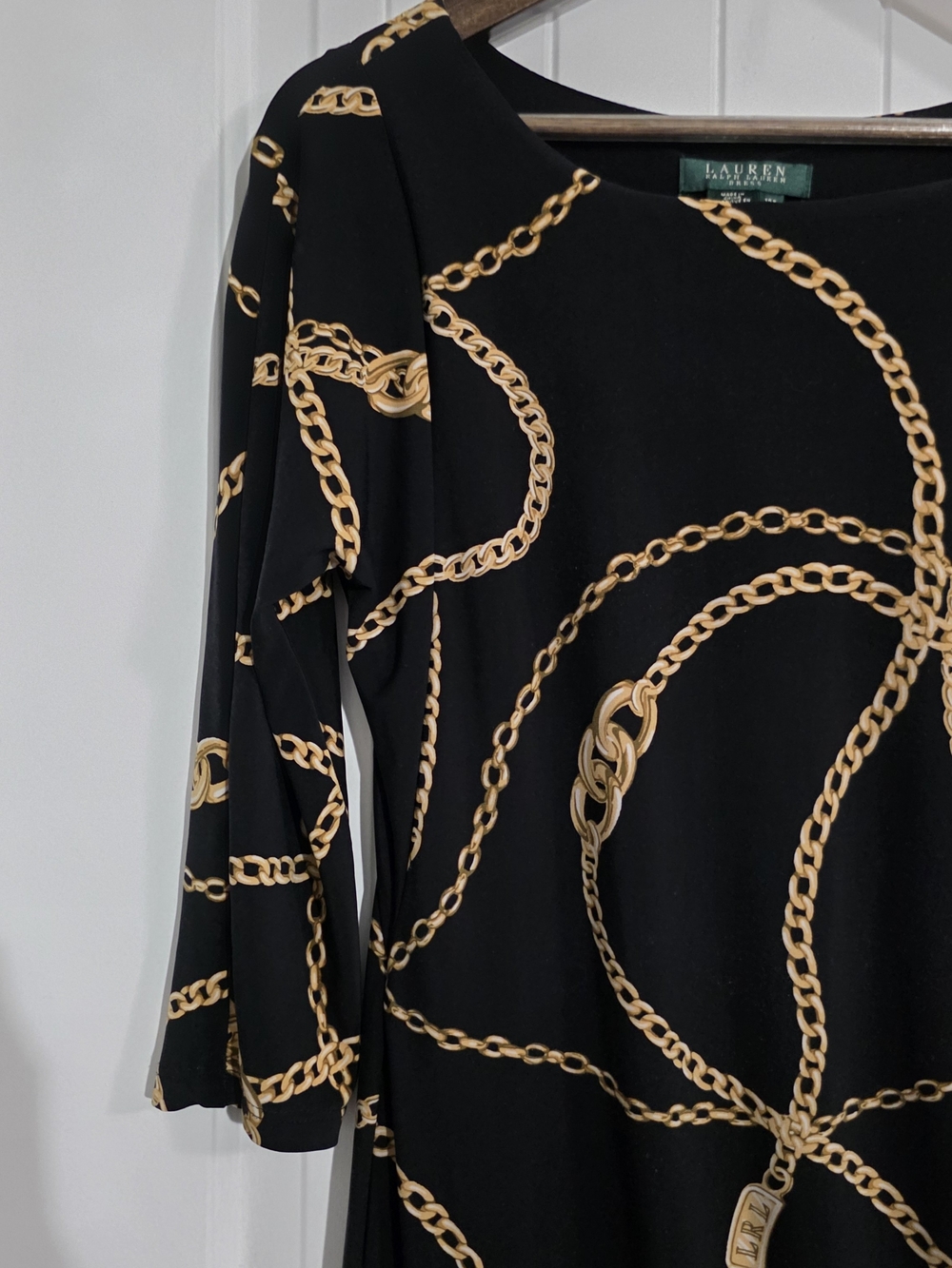 Lauren Ralph Lauren Chain Print Ruched Dress Black Gold 12P Equestrian Stretch - Picture 4 of 14